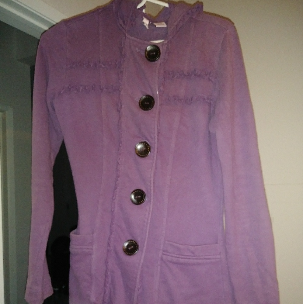 Purple button up cotton hooded pea coat xs